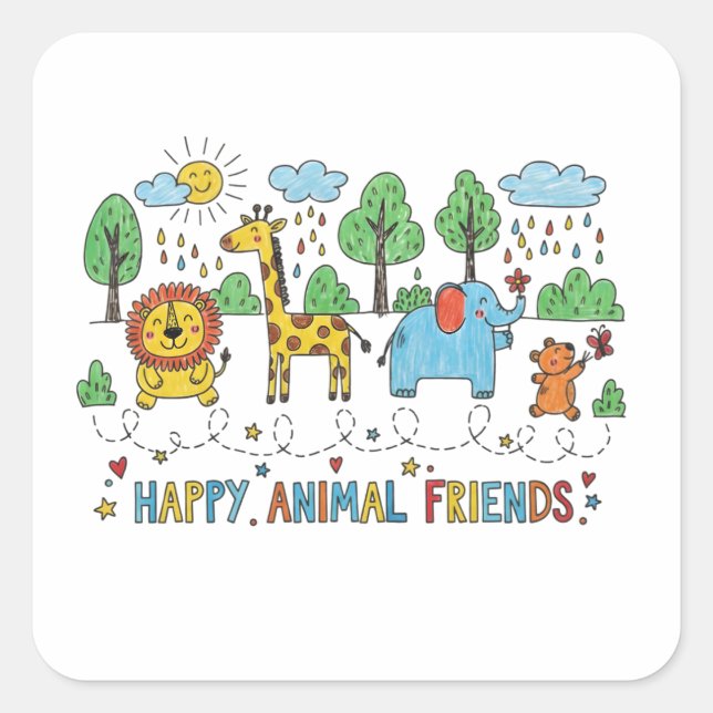Happy Animal Friends Square Sticker (Front)