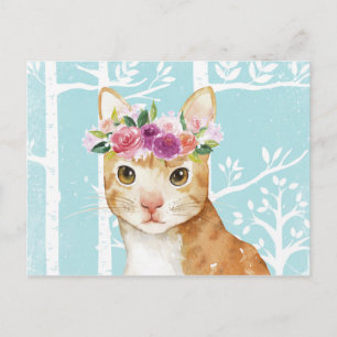 Happy Animal with Flowers in Blue Forest-Cat Kitty Postcard