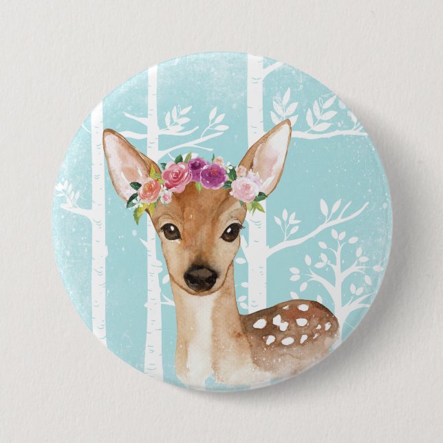 Happy Animal with Flowers in Blue Forest-Deer Button (Front)