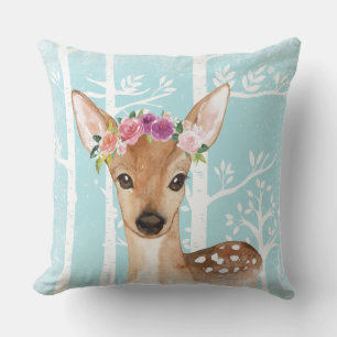 Happy Animal with Flowers in Blue Forest-Deer Throw Pillow