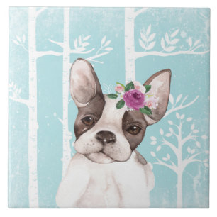 Happy Animal with Flowers in Blue Forest-Dog-Pug Ceramic Tile