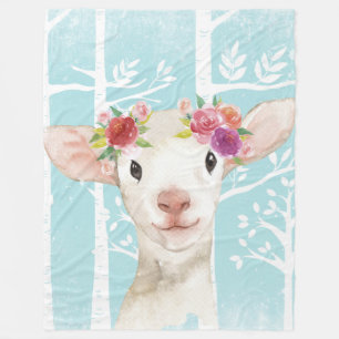 Happy Animal with Flowers in Blue Forest-Sheep Fleece Blanket