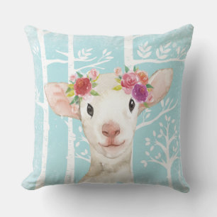 Happy Animal with Flowers in Blue Forest-Sheep Throw Pillow