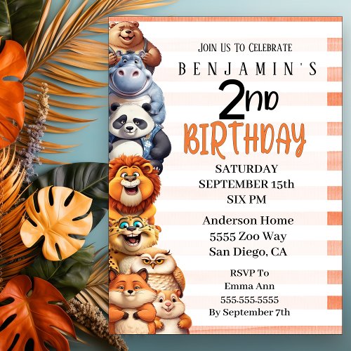 Happy Animals Boys 2nd Birthday Party  Invitation