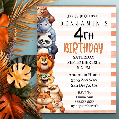 Happy Animals Boys 4th Birthday Party  Invitation