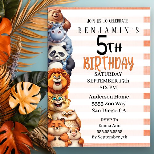 Happy Animals Boys 5th Birthday Party  Invitation