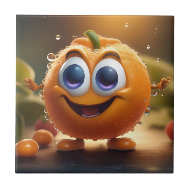 Happy Animated 3d Orange, Ceramic Tile (Front)
