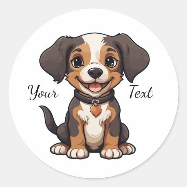 Happy Animated Puppy Illustration Customizable Classic Round Sticker (Front)