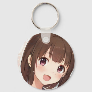 Happy anime girl cute manga brown hair amber eyes keychain