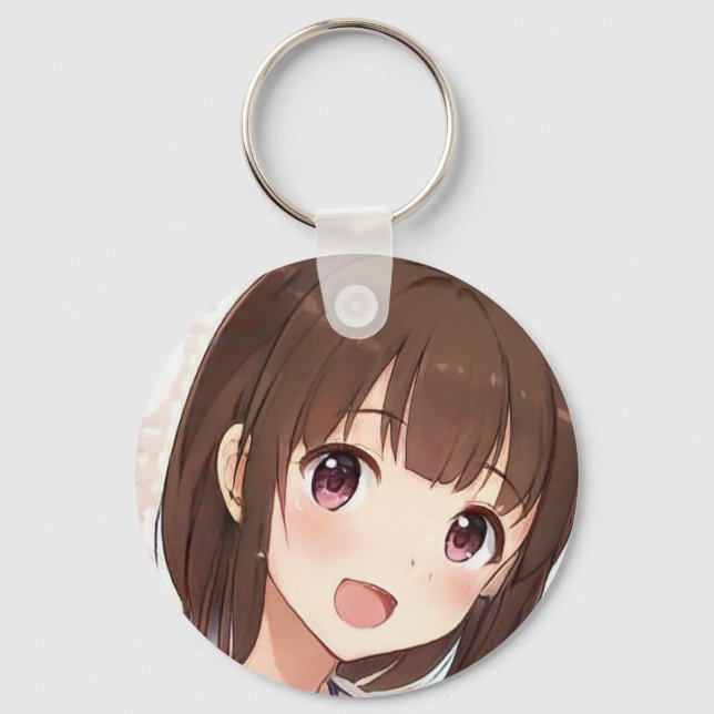 Happy anime girl cute manga brown hair amber eyes keychain (Front)