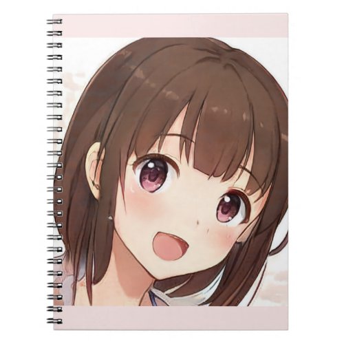 Happy anime girl cute manga brown hair amber eyes  notebook