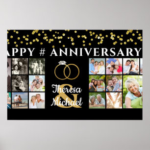 Happy Anniversary 18 Photo Collage Black Gold Poster
