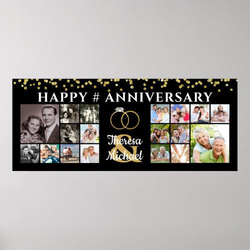 Happy Anniversary 18 Photo Collage Black Gold Poster - Congratulate and recognize any wedding anniversary couple with 18 photos for a fun photo collage poster of photo memories through the years and personalized with your custom message and the couple's names. The design features gold glitter confetti and faux metallic gold foil wedding rings against an editable black background. PHOTO TIP: Choose photos with the subject in the middle and/or pre-crop into square shapes BEFORE uploading. CHANGES:  The background color and text font style, color, size and placement can be change by clicking on the CUSTOMIZE FURTHER tab in the PERSONALIZE section. ASSISTANCE:  For help with design modification/personalization, color change, transferring the design to another product or if you would like coordinating items, contact the designer BEFORE ORDERING via Zazzle Chat or makeitaboutyoustore@gmail.com.