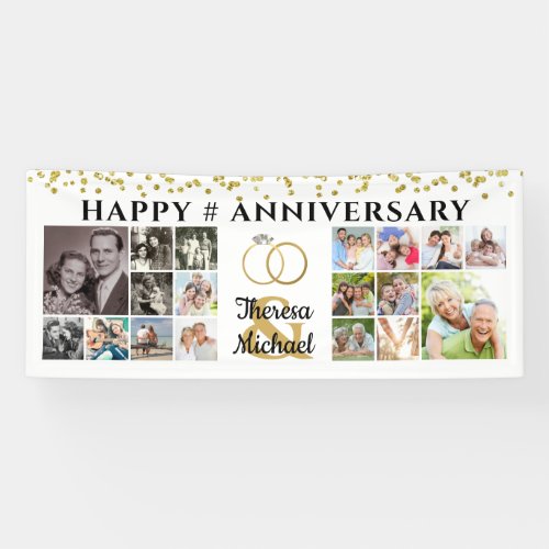 Happy Anniversary 18 Photo Collage Custom Banner - Congratulate and recognize any wedding anniversary couple with 18 photos for a fun photo collage banner of photo memories through the years and personalized with your custom message and the couple's names. The design features gold glitter confetti and faux metallic gold foil wedding rings against an editable white background. PHOTO TIP:  For fastest/best results, choose a photo with the subject in the middle and/or pre-crop it to a square shape BEFORE uploading. CHANGES:  The background color and text font style, color, size and placement can be change by clicking on the CUSTOMIZE FURTHER tab in the PERSONALIZE section. Contact the designer via Zazzle Chat or makeitaboutyoustore@gmail.com if you'd like this design modified or on another product.