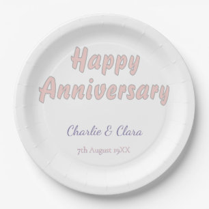 Happy anniversary add name pink gray pastel bold Paper Plates