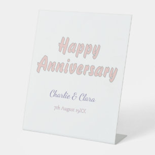 Happy anniversary add name pink gray pastel bold Pedestal Sign