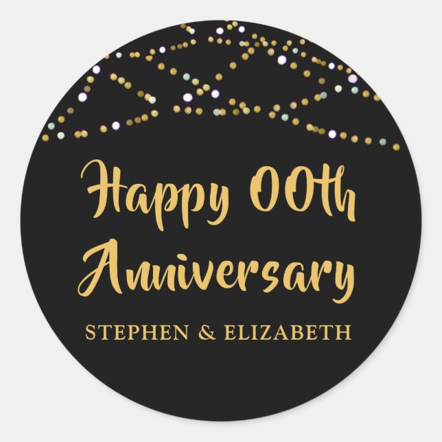 HAPPY ANNIVERSARY Any Year Black Gold Lights Name Classic Round Sticker (Front)