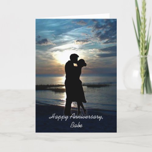 Happy Anniversary Babe Couple Kissing on Beach Card