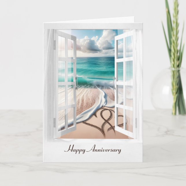 Happy Anniversary Beach Hearts In Window Card (Front)