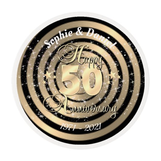 Happy Anniversary Black And Gold Cupcake Topper Edible Frosting Rounds (Front)