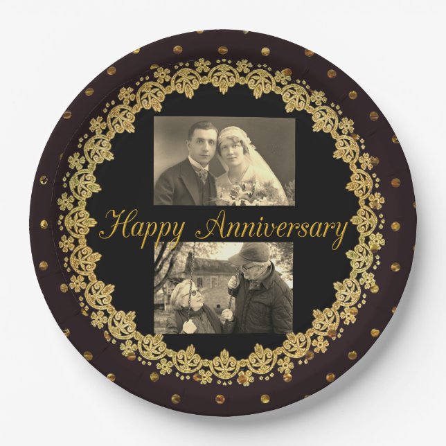 Happy Anniversary Black & Gold Personalized Plate (Front)