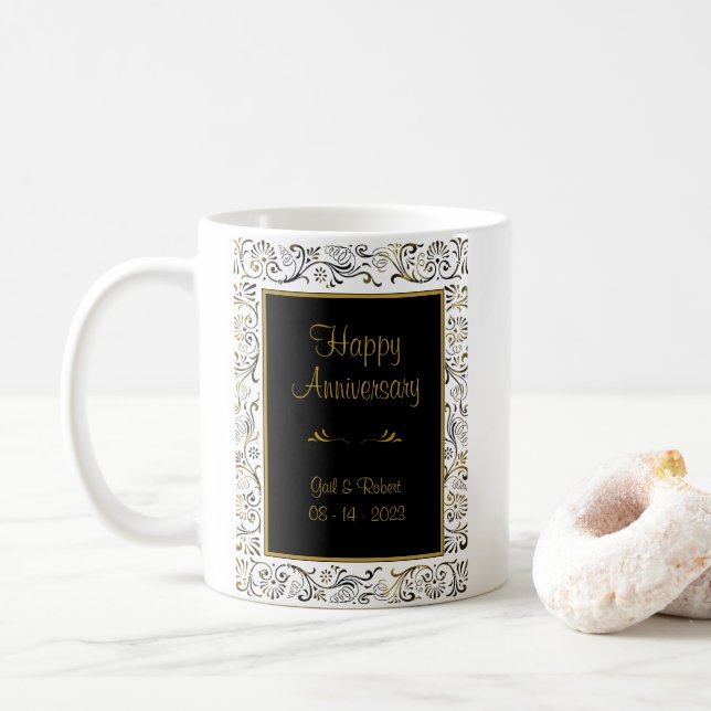 Happy Anniversary Black Gold White Coffee Mug (With Donut)