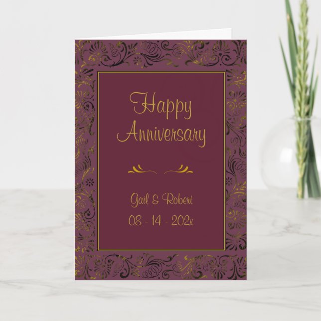 Happy Anniversary Burgundy Gold Photo Card (Front)