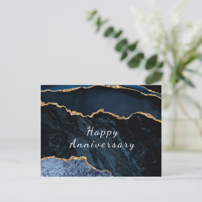 Happy Anniversary Card Agate Navy Blue Gold (Standing Front)