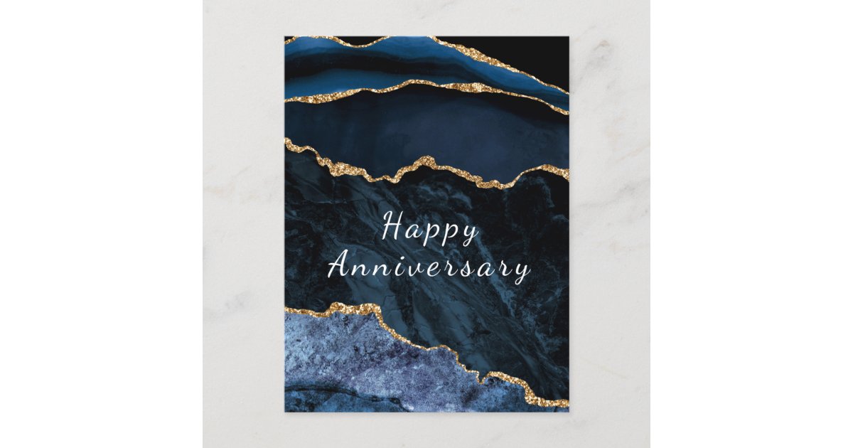 Happy Anniversary Card Agate Navy Blue Gold Marble | Zazzle