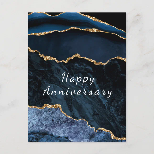 Happy Anniversary Card Agate Navy Blue Gold Marble | Zazzle