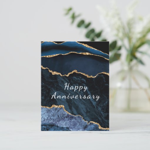 Happy Anniversary Card Agate Navy Blue Gold Marble | Zazzle