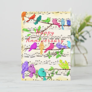 Happy Anniversary Card Colorful Musical Cute Birds