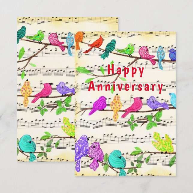 Happy Anniversary Card with Colorful Musical Birds (Front/Back)