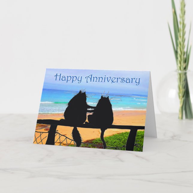 Happy Anniversary, cats silhouette, beach. Card (Front)