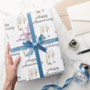 Happy Anniversary Champagne Toast On White Wrapping Paper