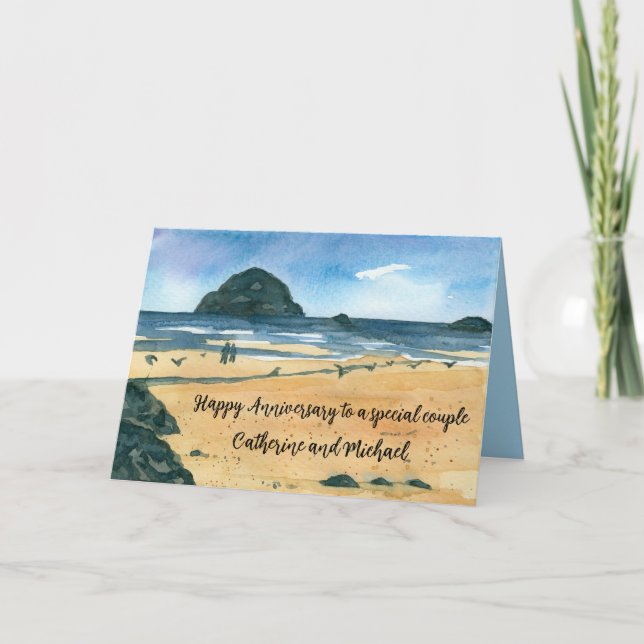 Happy Anniversary Couple Ocean Beach Custom Name Card (Front)