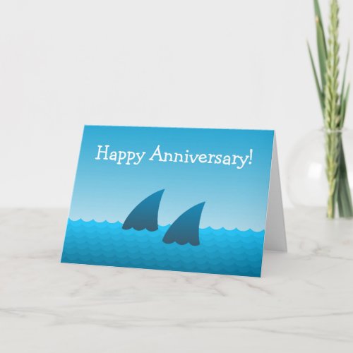 Happy Anniversary Couple Shark Fins Blue Sea Card