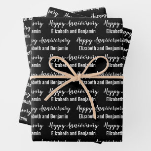 Happy Anniversary Couple's Names Black and White Wrapping Paper Sheets