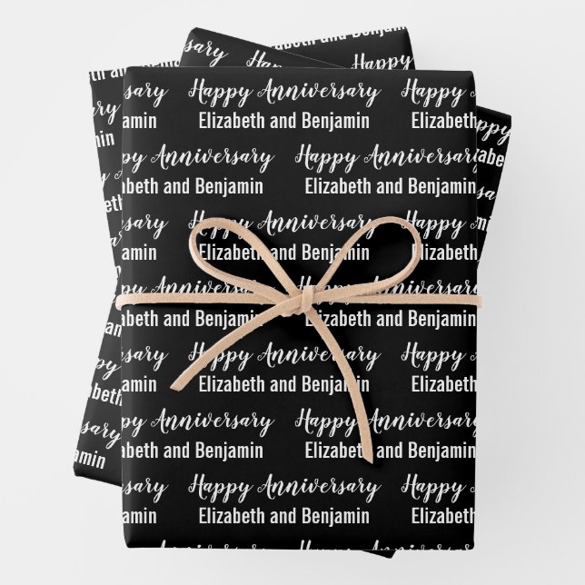 Happy Anniversary Couple's Names Black and White Wrapping Paper Sheets (In situ)