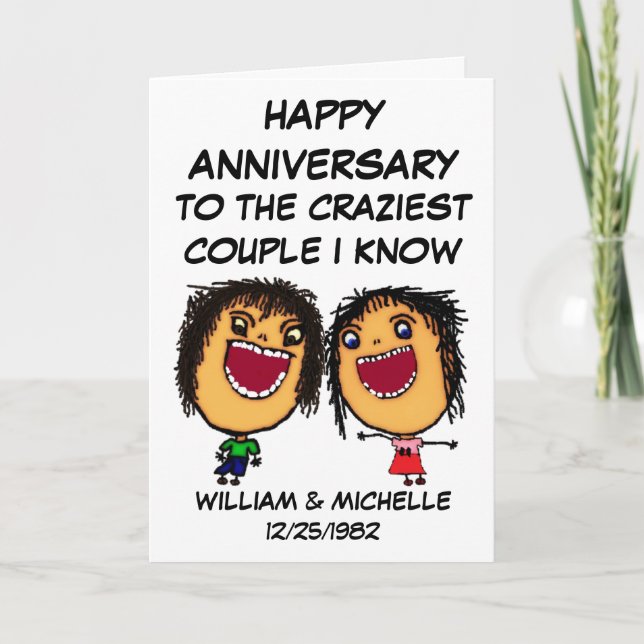 Happy Anniversary Crazy Cartoon Couple Card (Front)