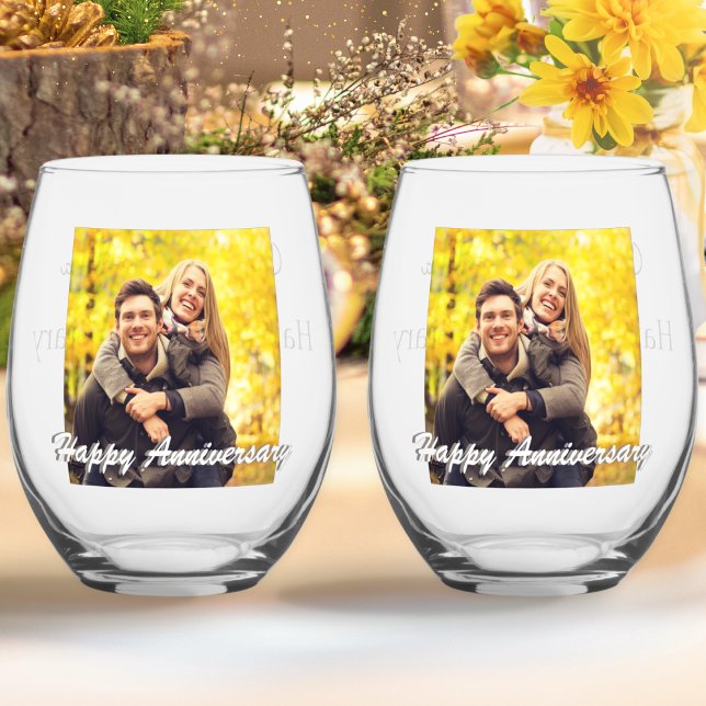 Happy Anniversary Custom Photo Stylish Set of 2 Stemless Wine Glass (A pair of stemless wine glasses with Happy Anniversary message. Add a photo, and words on the back)