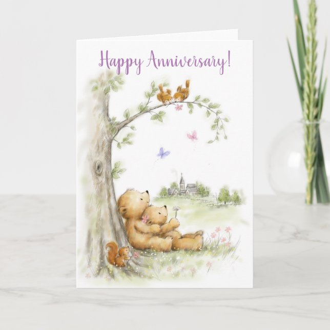 Happy Anniversary, cute bear couple under tree Card (Front)