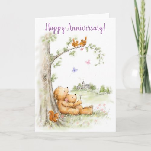 Happy Anniversary cute bear couple under tree Card