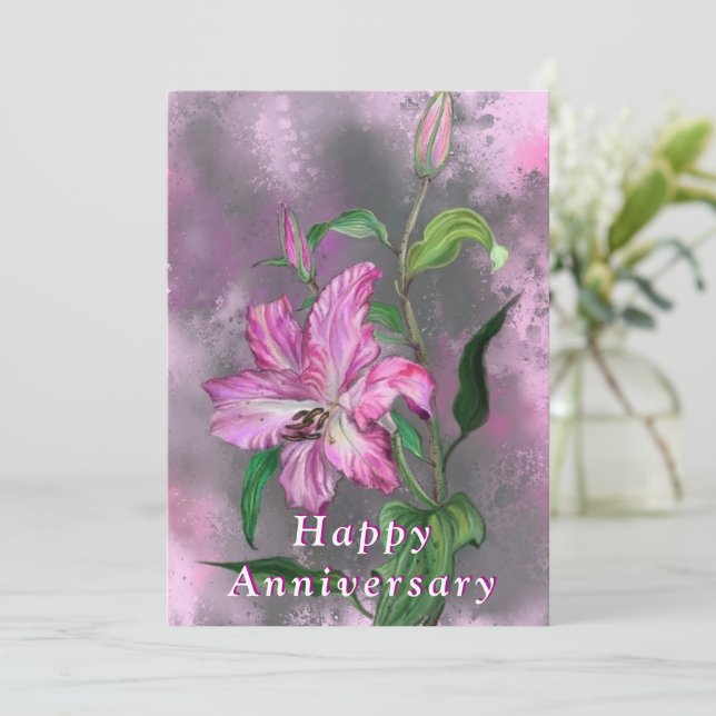 Happy Anniversary - Cute Purple Pink Lily Flower (Standing Front)