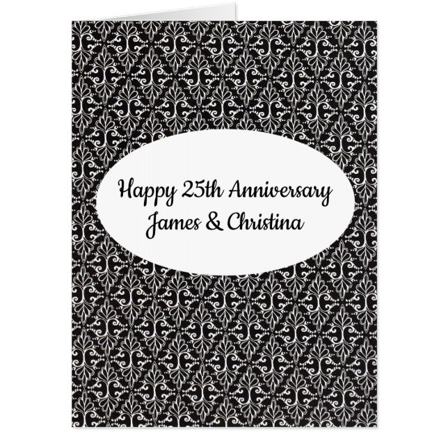 Happy Anniversary Elegant Black White Damask Card (Front)