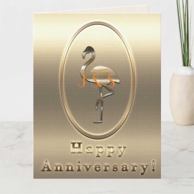 Happy Anniversary Flamingo Monogram Card (Front)