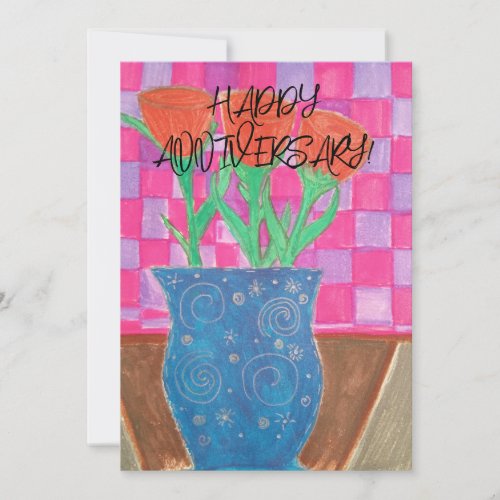 HAPPY ANNIVERSARY FLORALS AND BLUE VASE CHECKERED HOLIDAY CARD