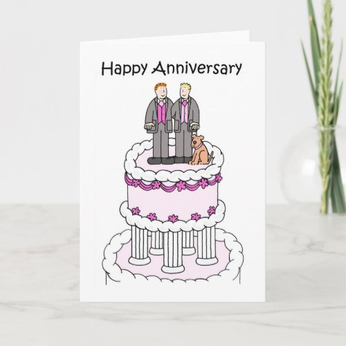 Happy Anniversary Gay Couple With Dog on Cake Card