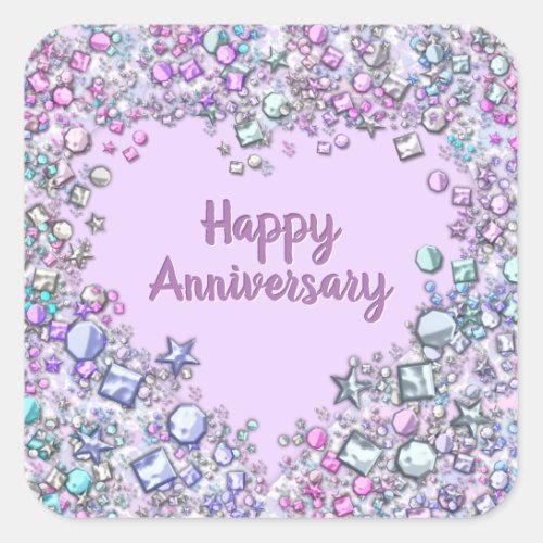 Happy Anniversary Gems Heart Square Stickers