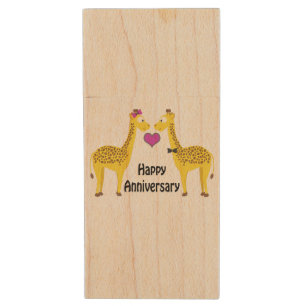 Happy Anniversary Giraffes Wood USB Flash Drive
